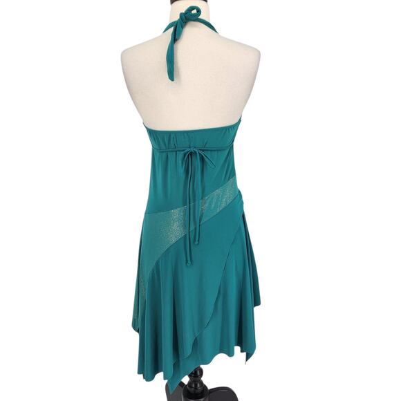 Y2K Fairycore Halter Dress Teal Gold Gem Detail Tiered Handkerchief Hem MED - Picture 6 of 7